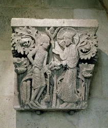 Chapiteau de colonne représentant le Christ et Jacques le Mineur, c.1125-30 (calcaire)