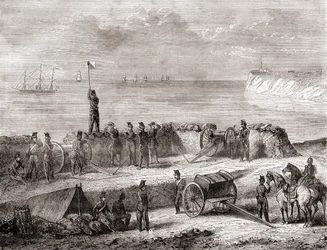 Communication entre un navire entrant au port et les troupes débarquées utilisant le système de télégraphie par sémaphore à drapeaux, tiré de Les Merveilles de la Science, publié c.1870