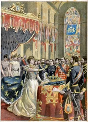 Couronnement de la reine Wilhelmine des Pays-Bas. Couronnement de la reine Wilhelmine de Hollande (1880-1962) (Wilhelmina Helena Pauline Maria van Oranje-Nassau) dans la Nieuwe Kerk à Amsterdam - Illustration pour Le Petit Journal