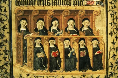 Cott Dom A XVII f.74v Nonnes dans un stalle de chœur, du Psautier d
