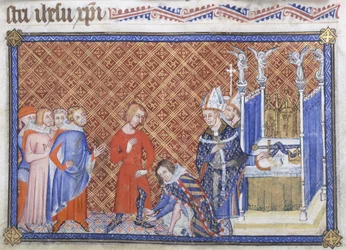 Cotton Tiberius B VIII f.48v, Philippe le Hardi, duc de Bourgogne, remet les éperons au roi Charles V, illustration tirée du « Livre du Maître du Couronnement »