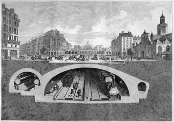 Coupe transversale représentant le projet de chemin de fer souterrain à Paris, de la Villette aux halles centrales, en 1861. Gravure dans « Le Monde Illustré » n°213 du 11 mai 1861.