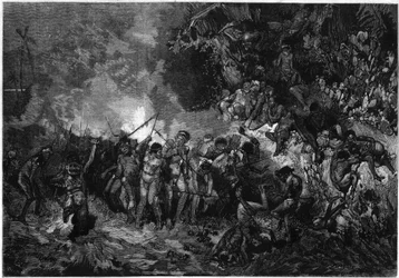 Coutume de Nouvelle-Calédonie : Pilou pilou, danse traditionnelle kanak. Gravure dans "Le Monde Illustré" n°772 du 27 janvier 1872