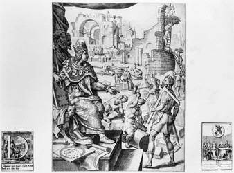 Dagobert I (605-39), roi des Francs, supervisant la construction de la Basilique Saint-Denis