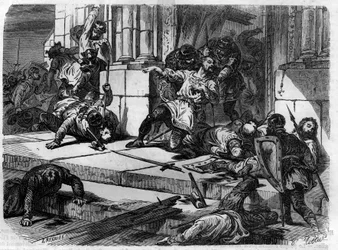 Le diacre Jean fait abattre les portes du palais du Latran. Gravure dans « Histoire des Papes-Rois-Reines et Empereurs à travers les siècles » par Maurice Lachatre