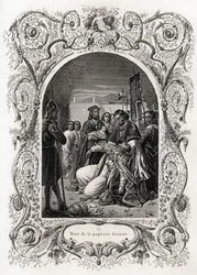 Mort de la Papesse Jeanne (pontificat de 855 à 858). Gravure pour illustrer Histoire des papes par Maurice Lachatre (1814-1900), librairie du progrès, Paris