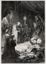 Mort de Saint Louis à Tunis le 25 août 1270 - Mort de Saint Louis (durant la 7ème croisade, le 25 août 1270) - gravure de "L
