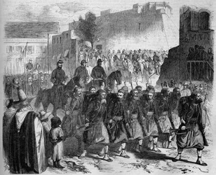 Défilé des 2e Zouaves, de retour de Kabylie, devant le général de Montauban. Oran, Algérie