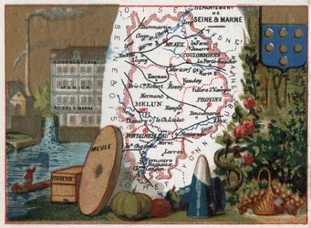 Département de Seine-et-Marne, Île-de-France, France. Spécialité locale : chocolaterie Menier à Noisiel-sur-Marne, verrerie, meule. Série sur les départements français. Chromolithographie.