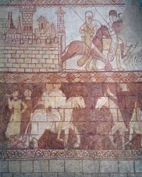 Départ des chevaliers templiers croisés en 1163 de leur château syrien de Krak des Chevaliers pour la bataille de Boquée