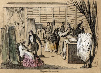 Description de la culture et des produits de la soie : une boutique de soie. Planche "La soie" dans "Les Récréations instructives" par Jules Delbruck