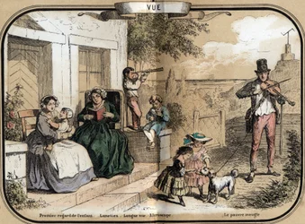 Description des cinq sens : la vue, de gauche à droite, un nourrisson ouvrant les yeux à sa mère, une vieille femme lisant avec des lunettes, un petit garçon jouant avec une longue vue permettant de voir de loin, un autre utilisant un microscope ; a