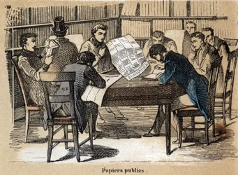 Description des différents produits et usages du papier : lecture de journaux publics. Planche "Le papier et ses produits" dans "Les Récréations instructives" peinture synoptique de Jules Delbruck, gravure de 1860. Collection privée.