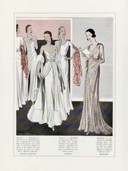 Dessin de robes de soirée par Depouy-Magnin, Worth et Redfern, tiré de Art, Gout, Beaute, pub. 1931 (lithographie couleur)
