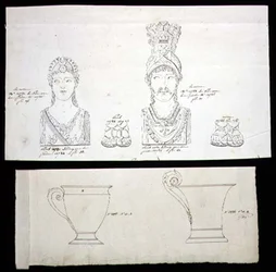 Dessins pour montures de meubles en bronze doré et tasses en porcelaine Empire français, vers 1820