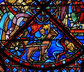 (détail) scènes de la vie de Saint Étienne : chevaux, charrette et démons