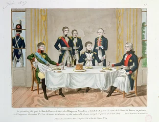 Dîner à Tilsit entre Frédéric-Guillaume III de Prusse, le tsar Alexandre Ier de Russie et Napoléon, qui porte un toast à la reine de Prusse, 3 juin 1807