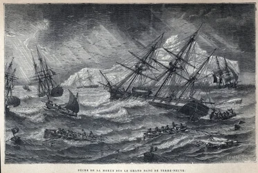 Pêche à la morue sur le Grand Banc de Terre-Neuve. Gravure de la fin du XIXe siècle dans "La nouvelle France" par Eugène Guenin