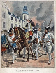Découverte du Canada : Louis Joseph de Montcalm (1712-1759), général français blessé lors du siège de la ville de Québec par les Anglais et ramené à Québec en 1759. Gravure de la fin du XIXe siècle dans "La Nouvelle France" par Eugène Guénin