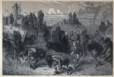 La danse du bison chez les Mandans. Gravure de la fin du XIXe siècle dans "La nouvelle France" par Eugène Guenin