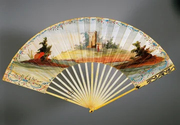 Éventail à double feuille peint avec scène pastorale, côtes en ivoire et argent, vers 1760, dos, France