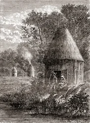 Maisons gauloises anciennes, une cabane ronde avec un trou dans le toit pour permettre à la fumée du feu de s