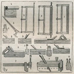 Ébénisterie : outils usuels, scies et rabotage. Gravure de 1885 dans « Les arts et métiers illustrés » par Adolphe Bitard.