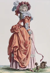 Femme élégante avec son chien, planche de mode de la Galerie des Modes et Costumes Français, gravée par Bacquoy