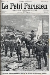 Fin de la guerre hispano-américaine en 1898. Officiers américains annonçant la cessation des hostilités aux avant-postes espagnols. Gravure dans « Le Petit Parisien » de 1898.