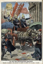 Les suffragettes anglaises déguisées en pompiers, tiré de « Le Petit Journal », 3 avril 1910 (gravure)
