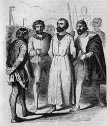 Enguerrand de Marigny chambellan et ministre du roi Philippe IV le Bel marchant vers la torture en 1315. Gravure du 19ème siècle.