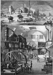 Vue extérieure et principaux ateliers de la grande raffinerie de sucre Les Récollets, appartenant à M. Cédard à Nantes en 1864. Gravure dans "Le Monde Illustré" n°380 du 23 juillet 1864.