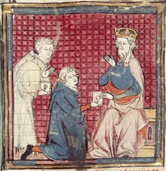 F.117r Messagers annonçant à Charlemagne la victoire sur les Sarrasins, des Grandes Chroniques de France, 1375-79