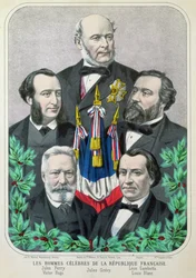 Hommes célèbres de la République française : Jules Ferry (1832-93) Jules Grévy (1807-91) Léon Gambetta (1838-82) Victor Hugo (1802-85) et Louis Blanc (1813-82) 1873