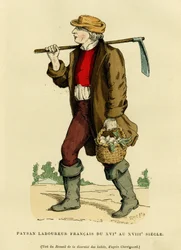 Costume de fermier du XVIIe au XVIIIe siècle. Gravure en couleur d