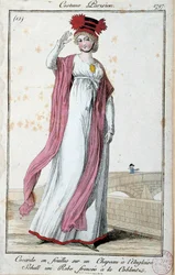 Mode sous le Directoire : élégante jeune femme en costume parisien, cocarde de rubans sur chapeau anglais, robe à plis Coblenz. Gravure anonyme. 1797, Paris, Musée du Costume