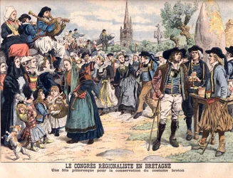 Festival pour la conservation du costume traditionnel breton. Le Congrès régional en Bretagne. Une célébration pittoresque pour préserver le costume breton. Illustration pour Le Petit Journal