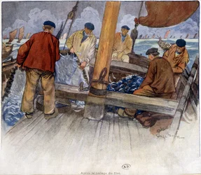 Pêcheurs vidant un filet à bord