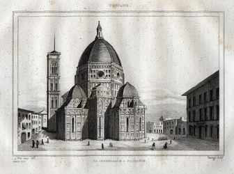 Cathédrale de Florence - Vue de la cathédrale de Florence (Duomo Santa Maria del Fiore). Le dôme a été réalisé par Filippo Brunelleschi vers 1420-1436, Florence, Italie - Gravure de « L