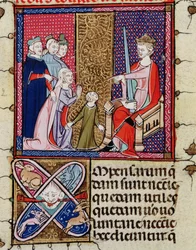 Fol.11v Un enfant et sa mère apparaissant devant un juge, de Justiniani in Fortiatum