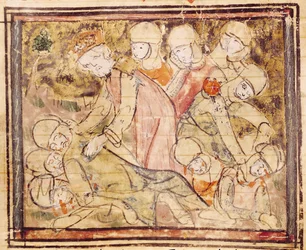 Fol.136v Comment Charlemagne (742-814) a trouvé Roland mort, des Grandes Chroniques de France
