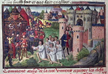 Fol.286v Comment les habitants de Babylone ont donné les clés de la ville à Alexandre le Grand (356-323 av. J.-C.) du manuscrit de Jean Vauquelin, de l