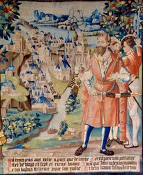 Fondation de la ville de Lyon : Lugdus petit-fils de Galathes, fondateur de la Gaule, avec des compagnons, derrière lui, la ville de Lyon à la confluence du Rhône et de la Saône, les montagnes des Alpes au loin. Tapisserie de "L