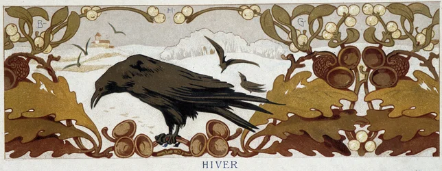 Quatre saisons, hiver : corbeau sur un chêne - chromolithographie, fin du XIXe siècle