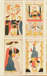 Quatre cartes de tarot représentant les Amoureux, le Chariot, la Force et le Pendu