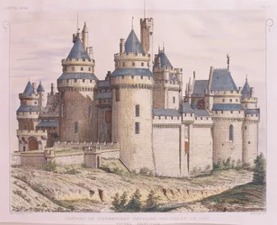 France, Château médiéval de Pierrefonds, restauré par Viollet-le-Duc du Moniteur des Architectes, gravure