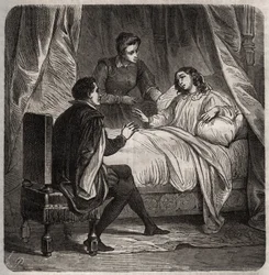 Françoise de Foix, Comtesse de Châteaubriant (vers 1495-1537), malade, reçoit Clément Marot (1496-1544), le valet de François 1er, au lit. Gravure de 1871 dans "Histoire Des Cocus Célèbres" par Henry de Kock