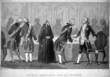 Franc-maçonnerie : banquet maçonnique dans un couvent. Gravure tirée de 