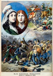 Révolution française - Les héroïnes françaises : les sœurs Félicité (1770-1841) et Théophile (1875-1819) de Fernig qui ont combattu déguisées en homme contre les Autrichiens pour surveiller leur père en 1792 - illustration de « Le Petit Journal » du 7 août