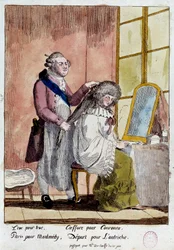 Révolution française : Caricature sur la fuite de la famille royale à Varennes les 20 et 21/06/1791 : le roi Louis XVI coiffant la reine Marie-Antoinette devait partir avec le faux passeport de gouvernante des enfants de la baronne de Korff. Anonyme en cou